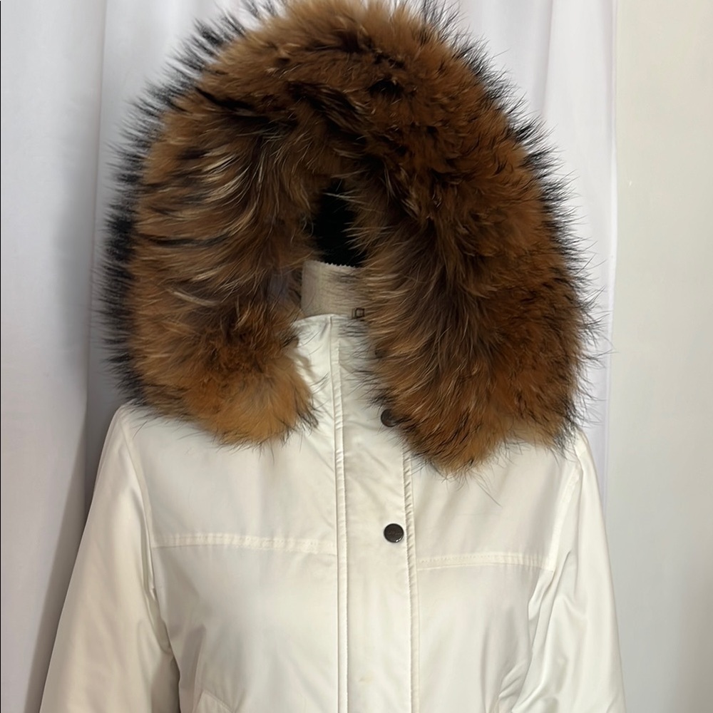Burberry coat,white hooded fur trimmed.$950